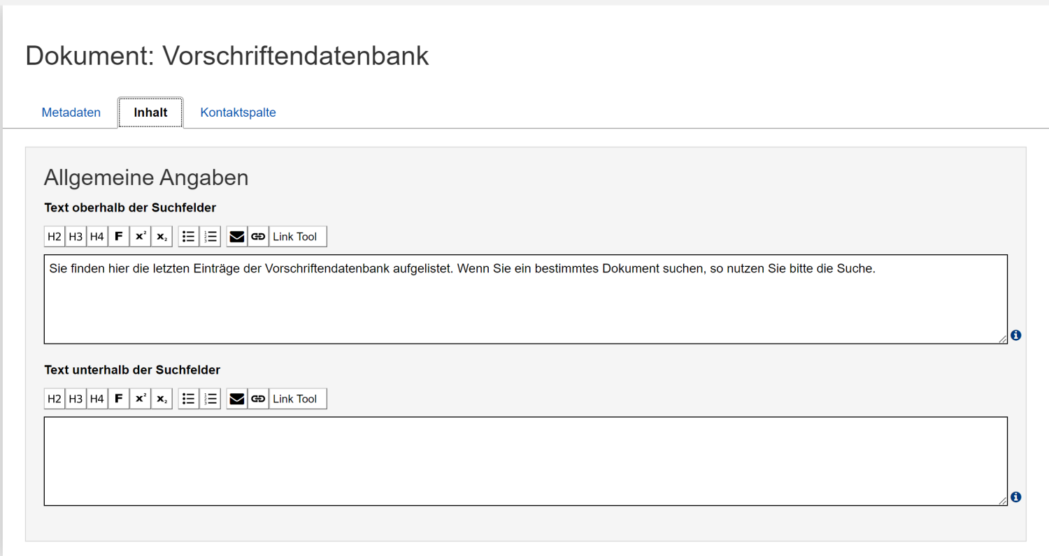 Ansicht des Formulars zum Anlegen der Vorschriften-Datenbank wie im Text vorher beschrieben.