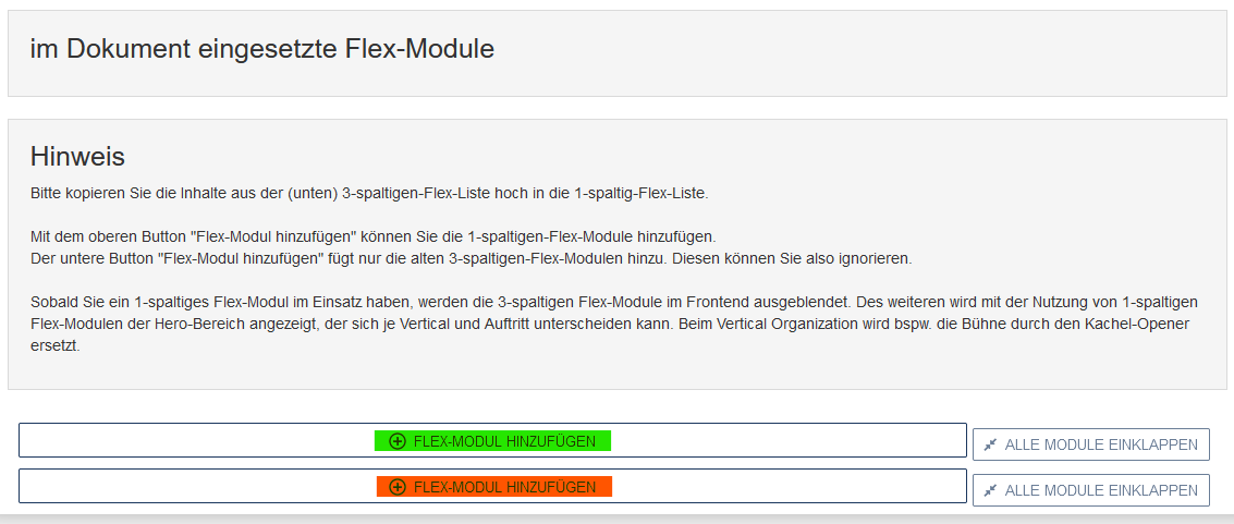 Beispiel für eine Startseite mit der Flex-Steuerung für 1- und 3-spaltige Flex-Module im Edit, es sind keine Module eingefügt