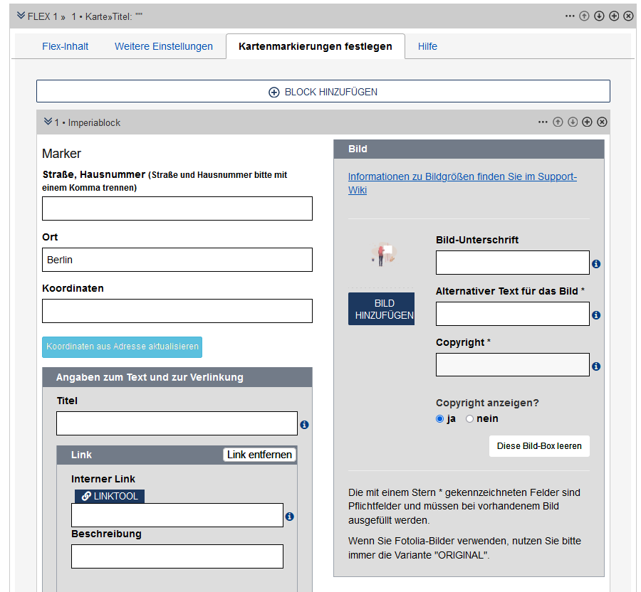 Flex-Modul "Karte" im Edit - Reiter "Kartenmarkierungen festlegen", Felder werden im Text beschrieben