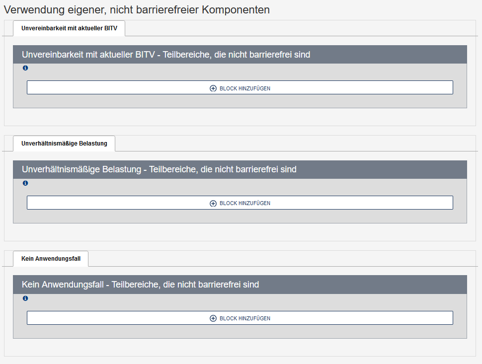 Barrierefreiheitserklärung - Reiter "Eigene Komponenten" - Felder sind im Text beschrieben.