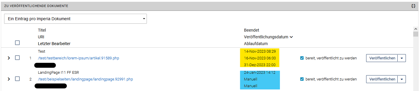 Einträge in der "Dokumente veröffentlichen"-Liste - Informationen dazu im Text