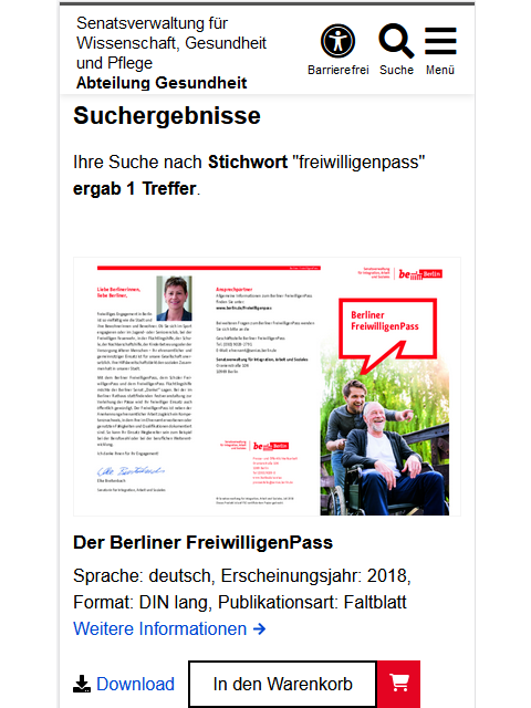 Suchergebnisse als Ausschnitt der Publikationsdatenbank mit der Überschrift "Suchergebnisse". Es folgt ein Satz mit der Anzeige der gewählten Suchoptionen und der Anzahl der Suchergebnisse. Als Ergebnis der Suche wird zuerst ein Bild der Publikation gefolgt vom Titel, einigen Informationen sowie einem "Weitere Informationen"-Link angezeigt. Darunter befindet sich links ein Link "Download" und rechts davon ein Button "In den Warenkorb".