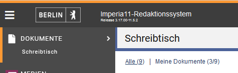 Ausschnitt des Redaktionssystems in der Schreibtisch-Ansicht: In der linken oberen Ecke unterhalb der Überschrift "Schreibtisch" sind zwei Links: "Alle (9)" und "Meine Dokumente (3/9)"