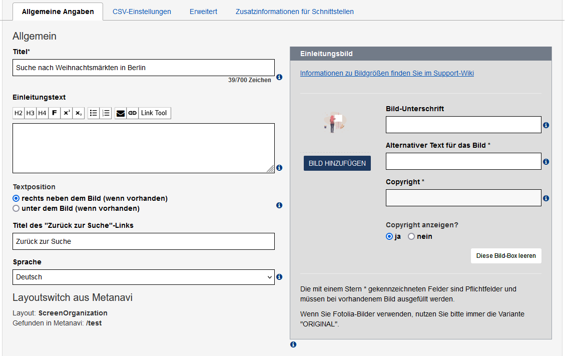 Bearbeitungsansicht des Reiters "Allgemeine Angaben" mit den im Text beschriebenen Feldern.