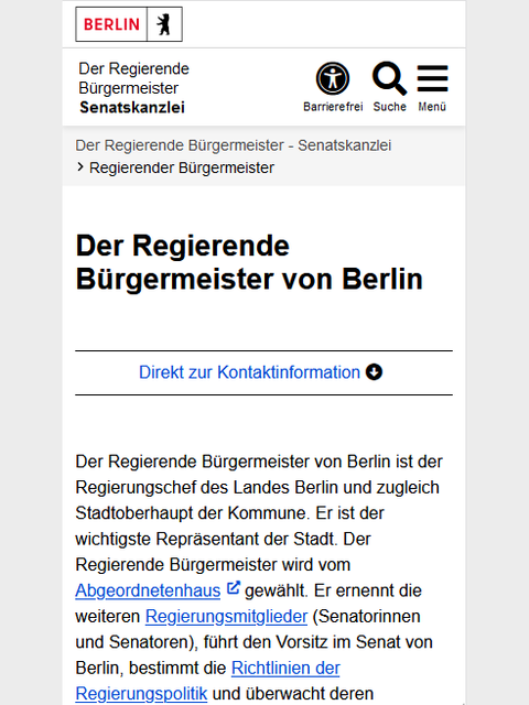 Mobile Ansicht einer Seite der Senatskanzlei, vor dem eigentliche Inhalt ist ein Link zu den Kontaktdaten