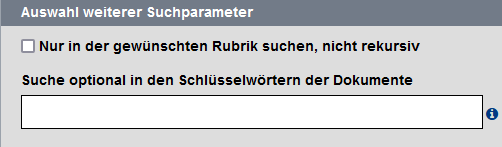 Ausschnitt der Bearbeitung mit dem Feld "Suche optional in den Schlüsselwörtern der Dokumente"