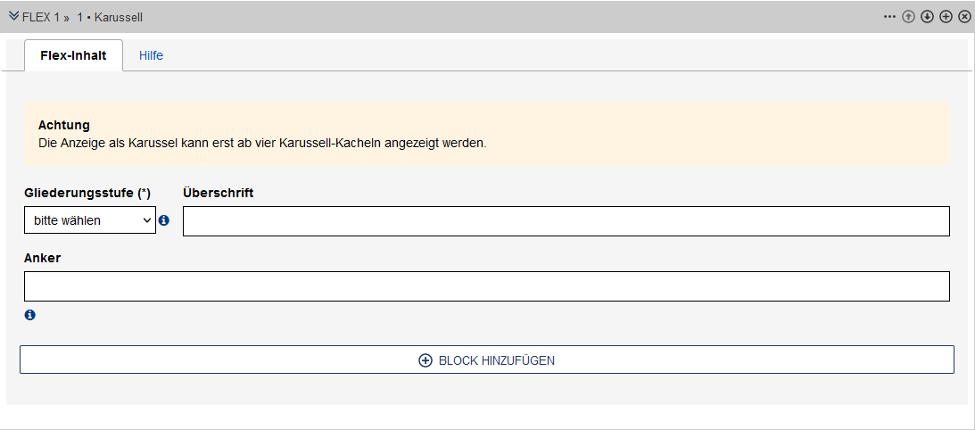 Modul Karussell: Erstellungsbereich Überschrift, Felder werden im Text beschrieben