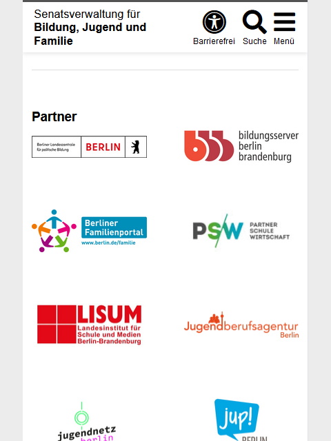 Die Logo-Galerie auf der Seite der SenBJF oberhalb des Footers. Es sind Logos von 8 Partnern abgebildet, jeweils zwei nebeneinander.