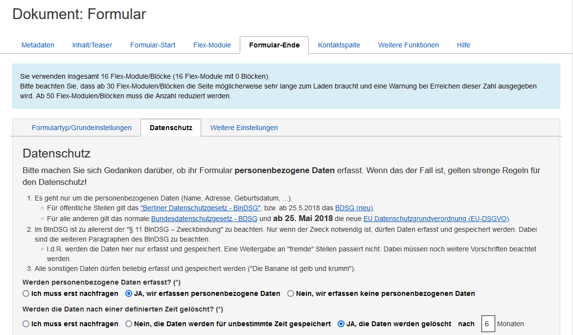 Formular: Ausschnitt aus dem Datenschutzbereich mit Infos, Hinweisen und Frage zu persönlichen Daten