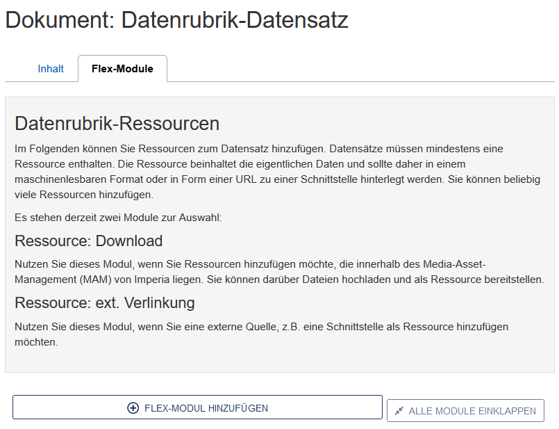 Nach einem Einleitungstext für Redakteur*innen mit kurzen Erklärungen zu den Flex-Modulen folgt die Flex-Modul-Steuerung