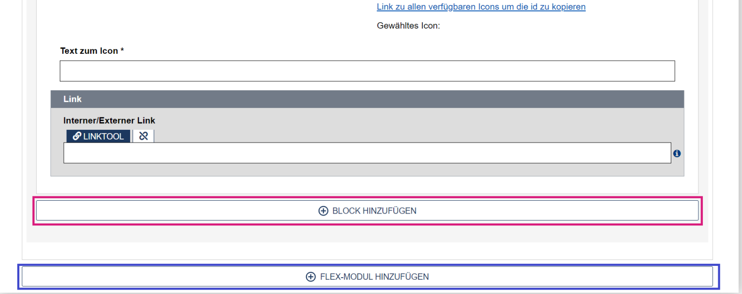 In dieser Grafik sind zwei große Schaltflächen zu sehen: einmal innerhalb eines Flex-Moduls die lila markierte "Block hinzufügen", und einmal außerhalb die blau markierte Schaltfläche "Flex-Modul hinzufügen".