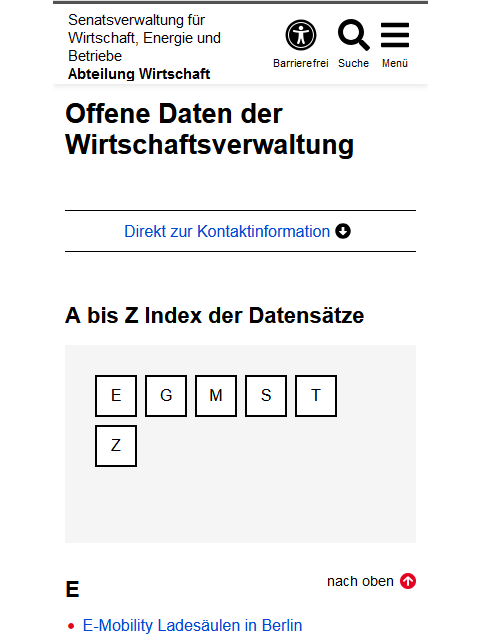 Datenrubrik-Startseite im Auftritt der SenWEB mit einer H1-Überschrift, einem Link zu den Kontaktinformationen, der Überschrift "A-Z-Liste der Datenrubrik-Datensätze", einige Buchstaben als Buttons in einer grau hinterlegten Box, gefolgt von den ersten Einträgen der A-Z-Liste, jeweils unterteilt nach dem Anfangsbuchstaben.