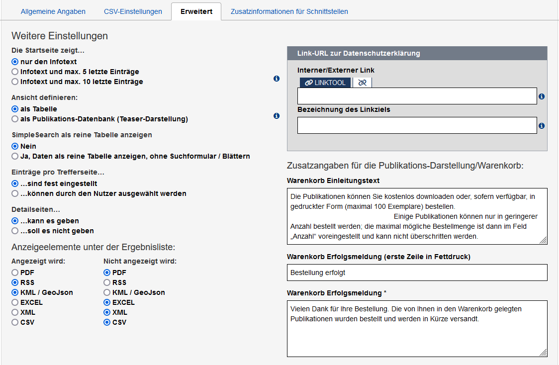 Bearbeitungsansicht des Reiters "Erweitert" mit den im Text beschriebenen Feldern.