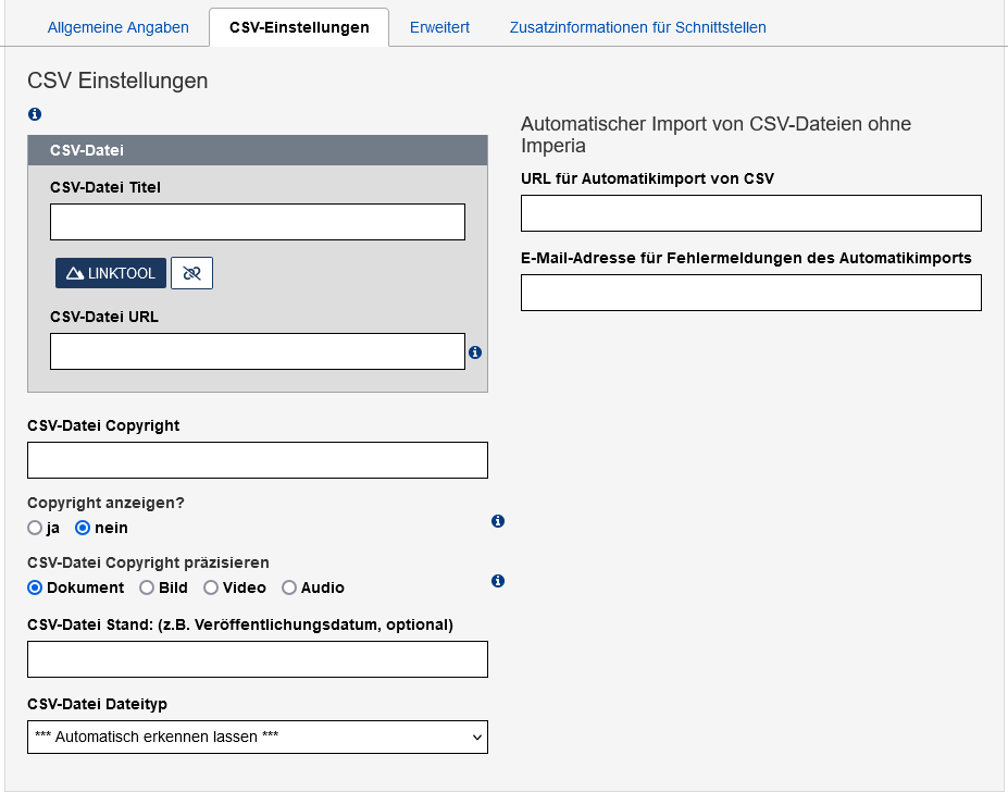 Reiter "CSV-Einstellungen" in der SimpleSearch mit den im Text beschriebenen Feldern.