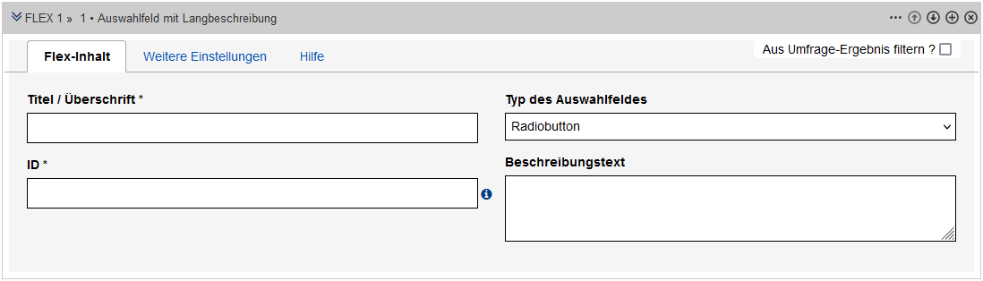 Formular für die Langbeschreibung des Auswahlfeldes, Formularfelder werden im Text beschrieben.