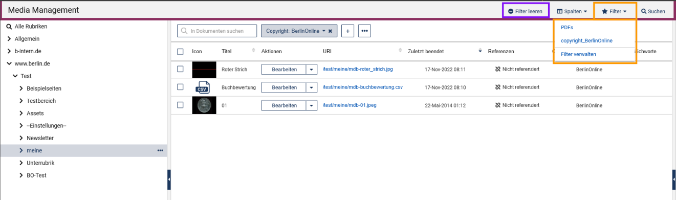 MAM mit Rubrikenbaum links und Assets rechts, über den Assets auf der rechten Seite ist als Erstes die Aktion "Filter leeren" zu sehen, danach folgt "Spalten" und dann der Button "Filter", dieser ist aufgeklappt und zeigt die Namen bereits gespeicherter Filter, sowie als letztes die Option "Filter verwalten"