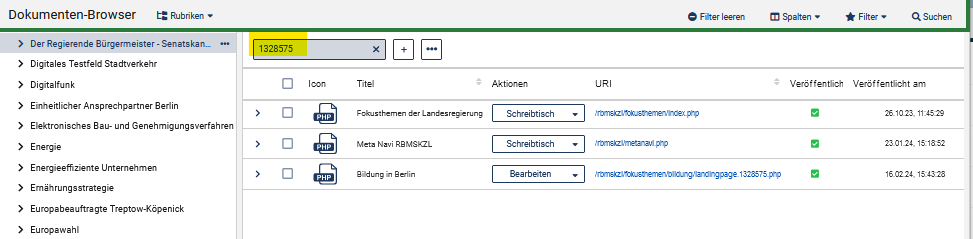 Dokumenten-Browser - Suche mit Filter - Ergebnis