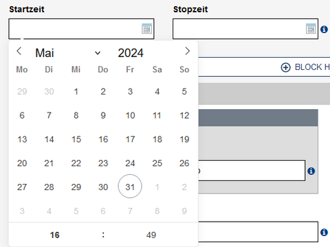 Start- und Stop-Feld nebeneinander mit geöffnetem Date-Picker zur Wahl von Datum und Uhrzeit