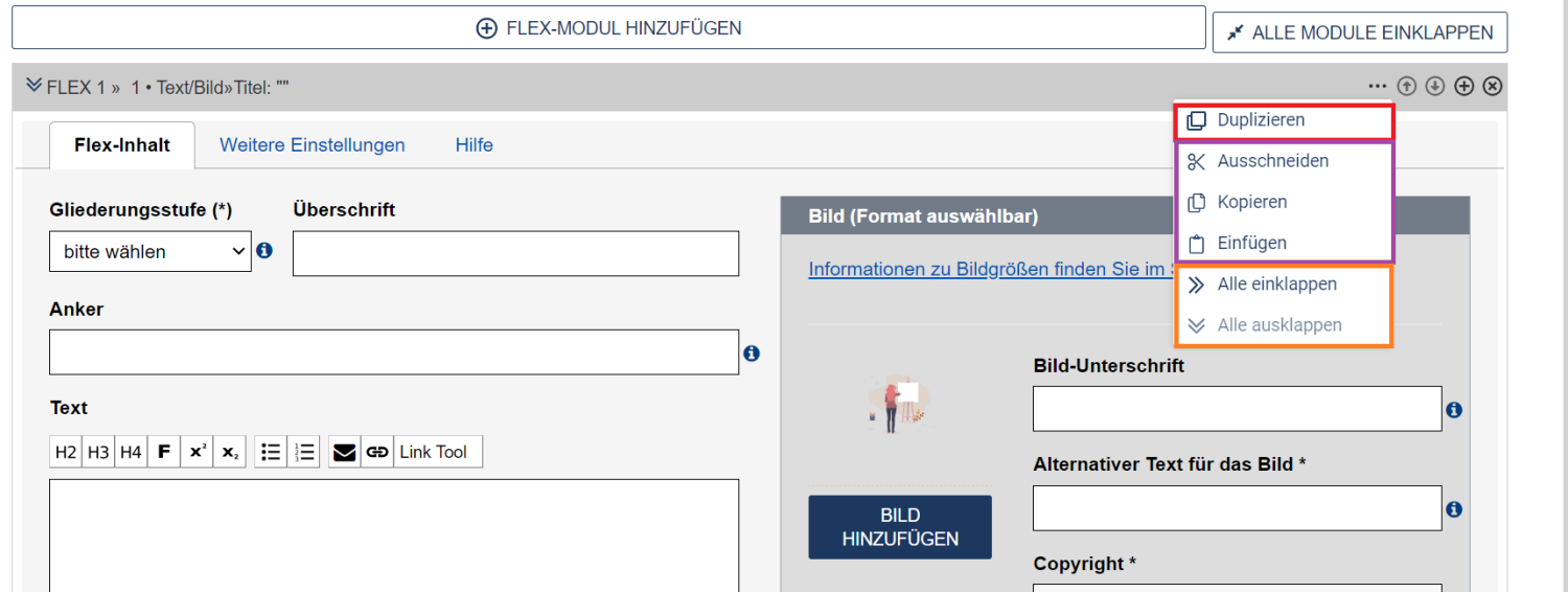 Zu sehen ist ein Text-Bild-Modul mit geöffnetem Drei-Punkte-Menü rechts, rot markiert ist der Punkt "duplizieren", darunter in lila markiert die Punkte "Ausschneiden", "Kopieren" und "Einfügen", darunter orange markiert die Punkte "Alle einklappen" und "Alle ausklappen"