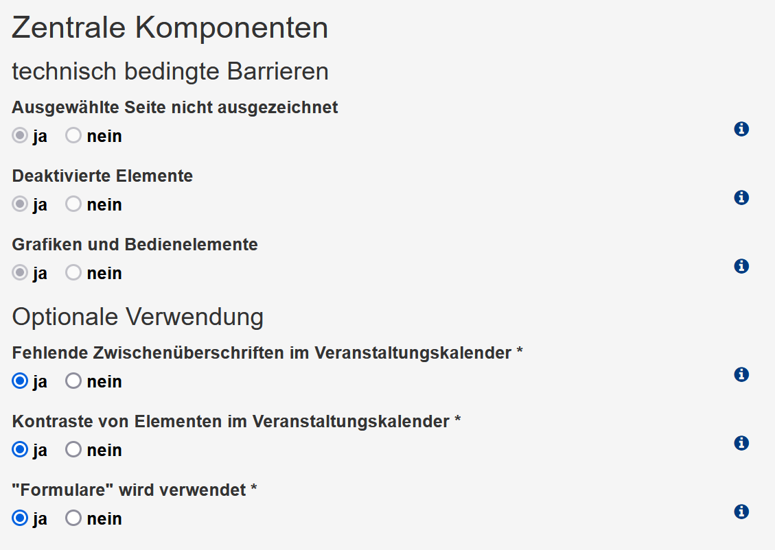 Barrierefreiheitserklärung - Reiter "Zentrale Komponenten", Optionen sind im Textteil beschrieben.