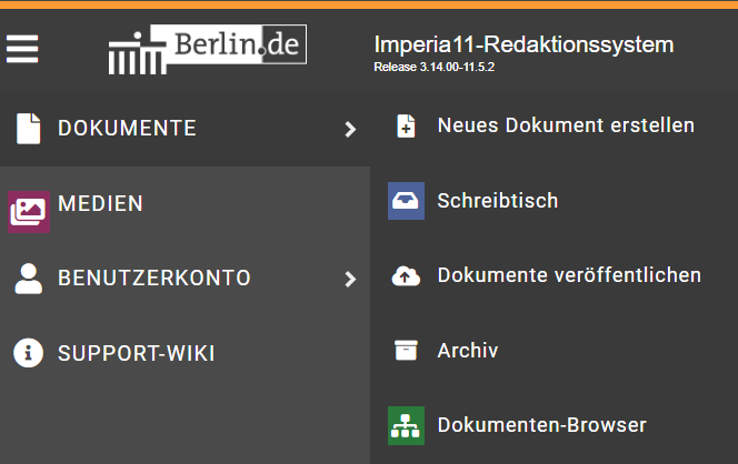 Das Hauptmenü ist im Punkt Dokumente aufgeklappt, es sind verschiedene Menüpunkte sichtbar, unter anderen "Dokument erstellen"
