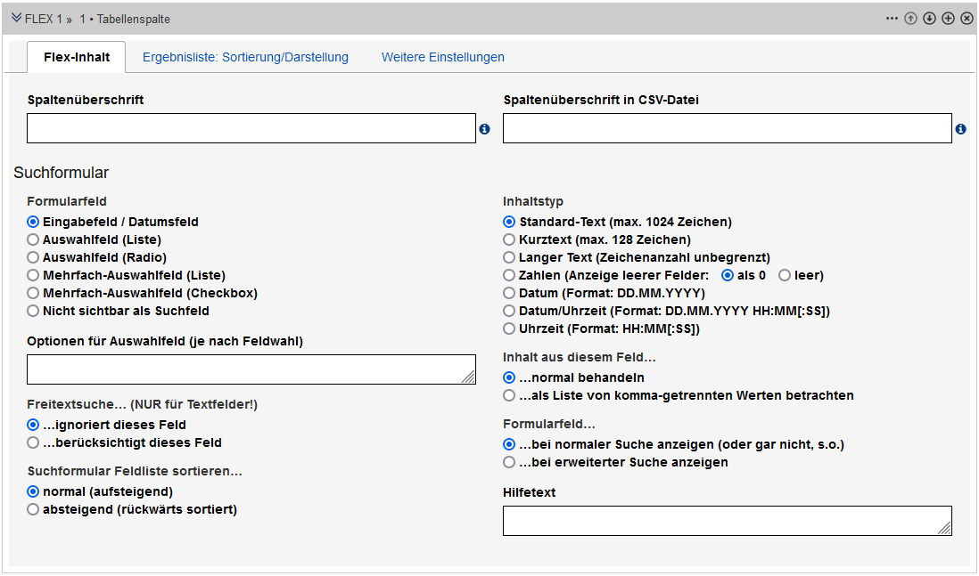 Bearbeitungsansicht des Reiters "Flex-Inhalt" des Tabellenspalten-Moduls mit den im Text beschriebenen Feldern.