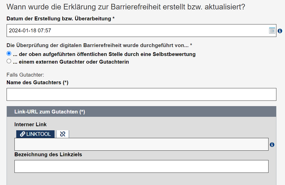 Barrierefreiheitserklärung - Reiter "Allgemeine Angaben" mit der Eingabe des Datums der letzten Aktualisierung, der Auswahl, wer die Barrierefreiheit geprüft hat und ggf. Hinterlegung eines Gutachtens