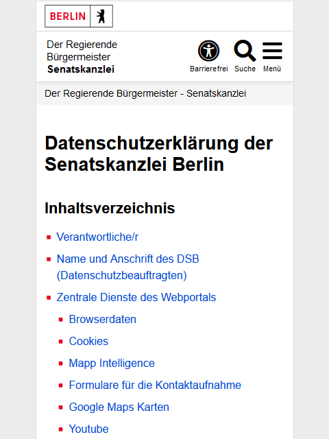 Beispiel der Datenschutzerklärung in der mobilen Ansicht.