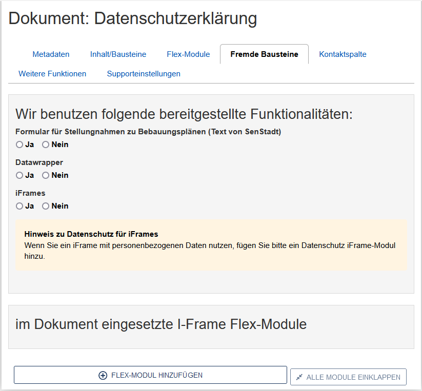 Datenschutzerklärung im Edit - Reiter "Fremde Bausteine"