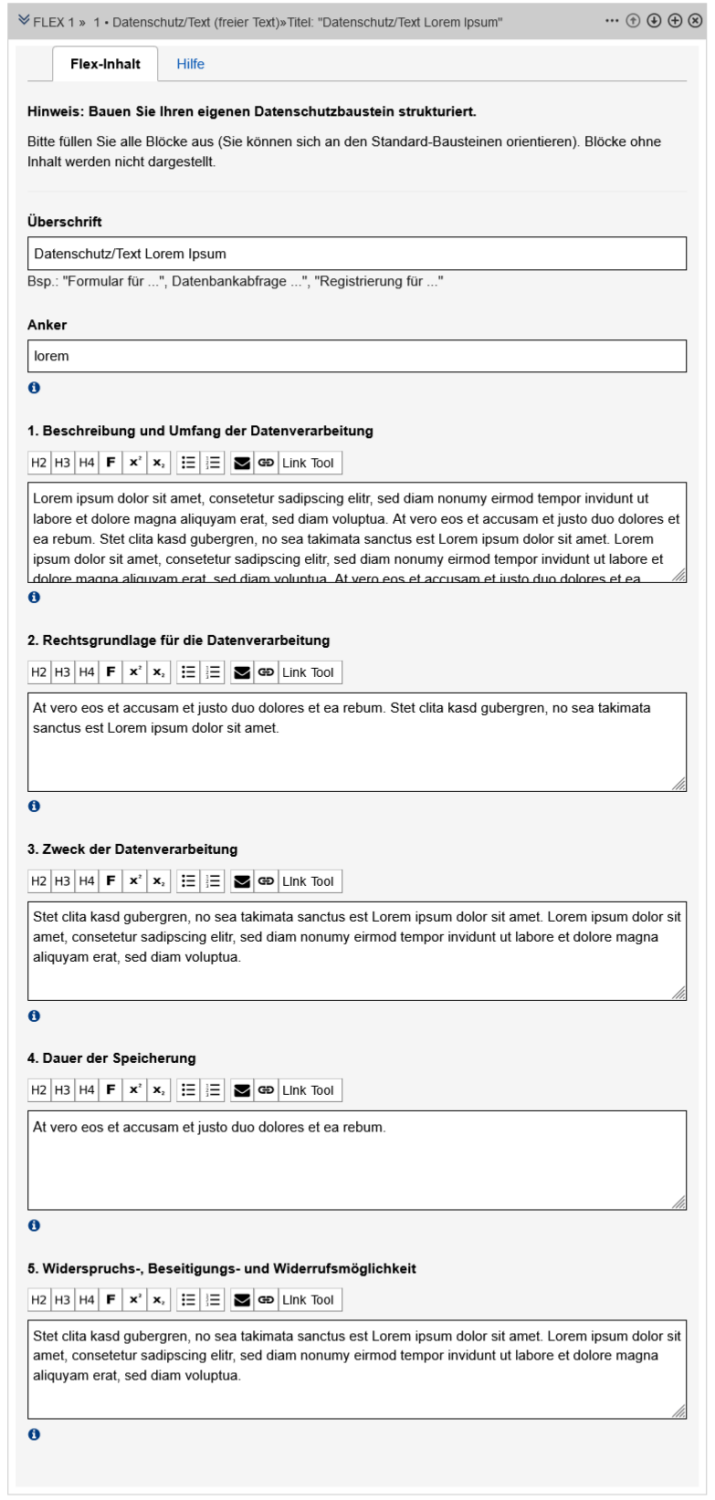 Editierformular für freien Text mit ausgefüllten Formularfeldern in der Datenschutzerklärungn