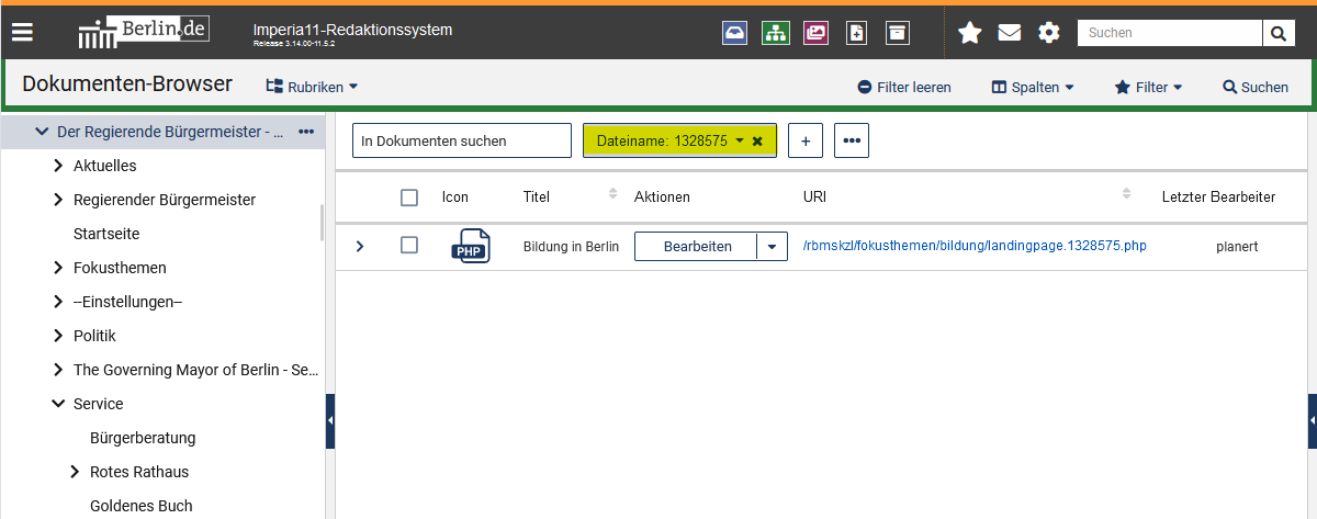 Dokumenten-Browser mit Rubrikenbaum links und Seiten rechts, über den Seiten auf der linken Seite ist das Suchfeld für die Stichwortsuche leer zu sehen, rechts daneben ist ein Suchfeld für den Dateinamen mit einer ID gefüllt zu sehen (gelb markiert), darunter wird als Suchergebnis nur die Seite mit dieser ID angezeigt