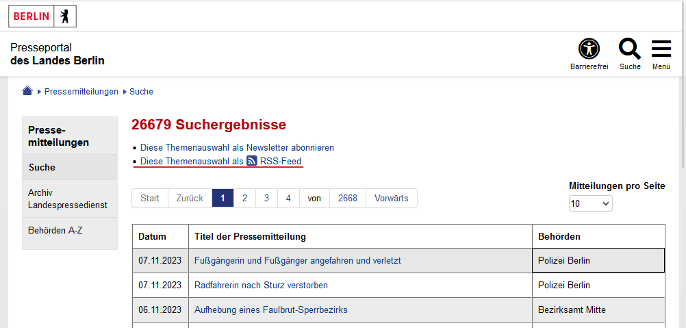 Bildvergrößerung: Screenshot der Suchergebnis-Seite im Presseportal. 