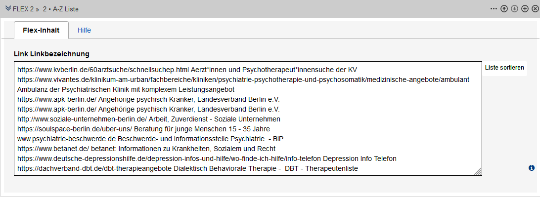 Ansicht eines Formular-Textfeldes gefüllt mit Links und den dazugehörigen Stichworten, nach letzteren ist die Liste jetzt sortiert.