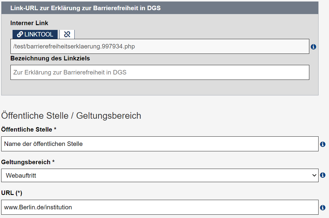 Barrierefreiheitserklärung - Reiter "Allgemeine Angaben" mit der Option, einen Link zur Erklärung zur Barrierefreiheit in deutscher Gebärdensprache zu hinterlegen, Felder für die öffentliche Stelle und den Geltungsbereich