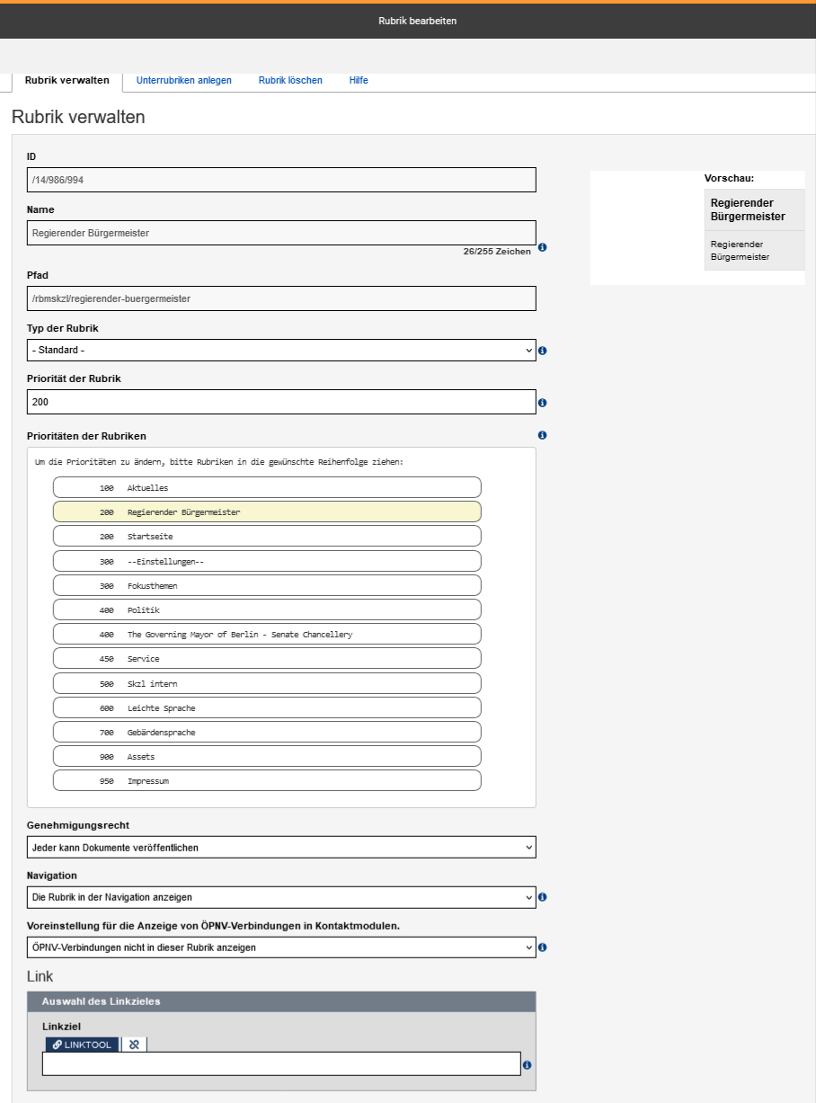 Rubrikenformular mit dem ersten aktiven Reiter "Rubrik verwalten", dessen Felder im Text erklärt werden. Weitere Reiter sind "Unterrubriken anlegen", "Rubrik löschen" und "Hilfe". 