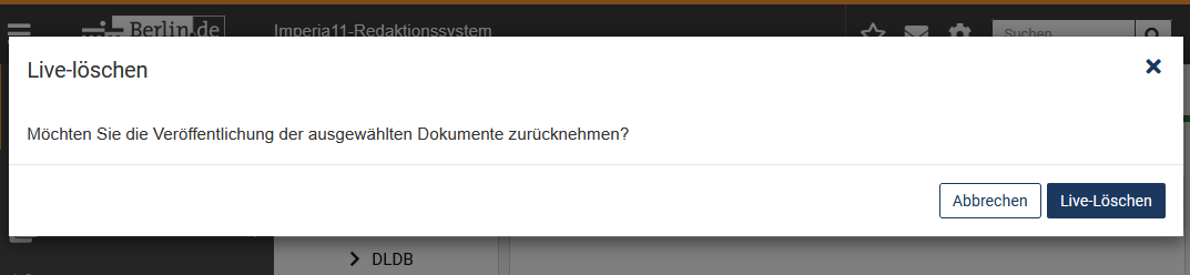 Abfrage, ob die Seite live gelöscht werden soll mit den Buttons "Abbrechen" und "Live-Löschen"