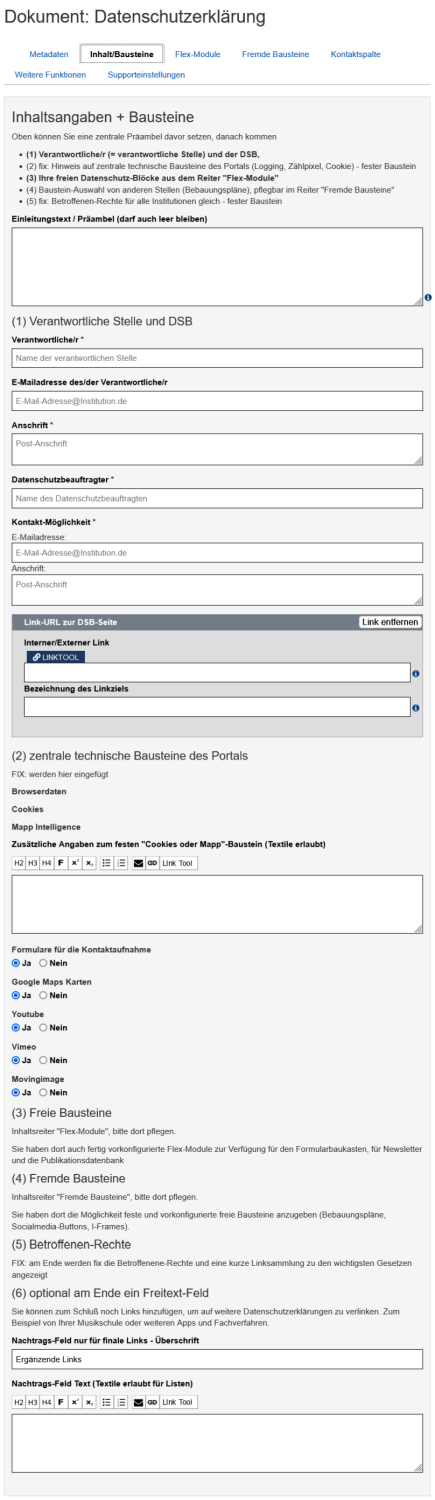 Datenschutzerklärung - Reiter Inhalt und Bausteine