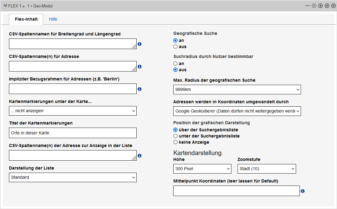 SimpleSearch-Geo-Modul in der Bearbeitungsansicht. Die Felder werden im Text erklärt.