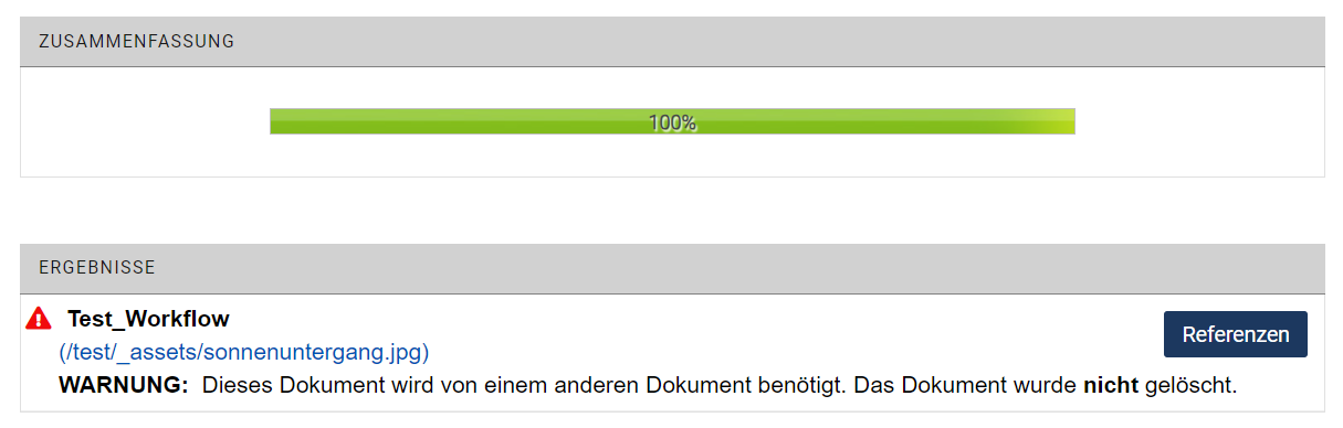 Asset kann nicht gelöscht werden wegen Referenzen