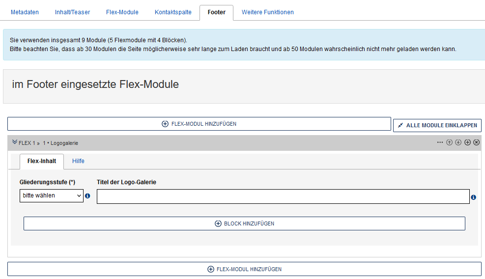 Logo-Galerie im Edit im Reiter Footer, unausgefüllt und ohne Blöcke