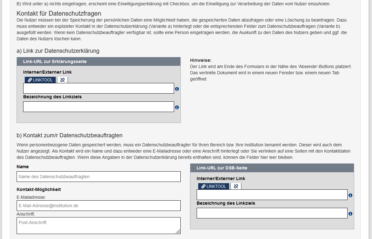 Formular - Ausschnitt aus dem Datenschutzbereich mit Formularfeldern zur Datenschutzerklärung und Information über die Datenschutzbeauftragten