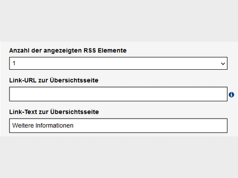 Ausschnitt aus dem Edit-Formular für die RSS-Liste mit Anzahl der angezeigten Elemente, Link-URL zur Übersichtsseite und Link-Text für die Übersichtsseite