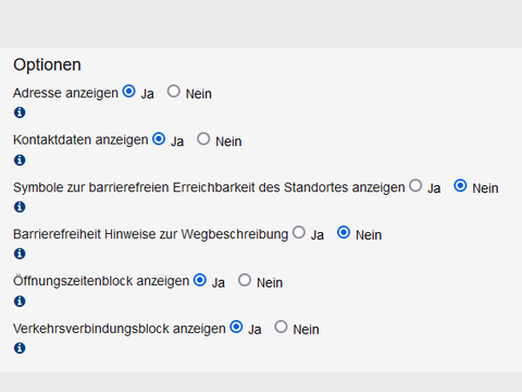 Anzeigeoptionen für den "DienstleistungsDB-Standortkontakt", die jeweils mit ja oder nein aktiviert bzw. deaktiviert werden können.