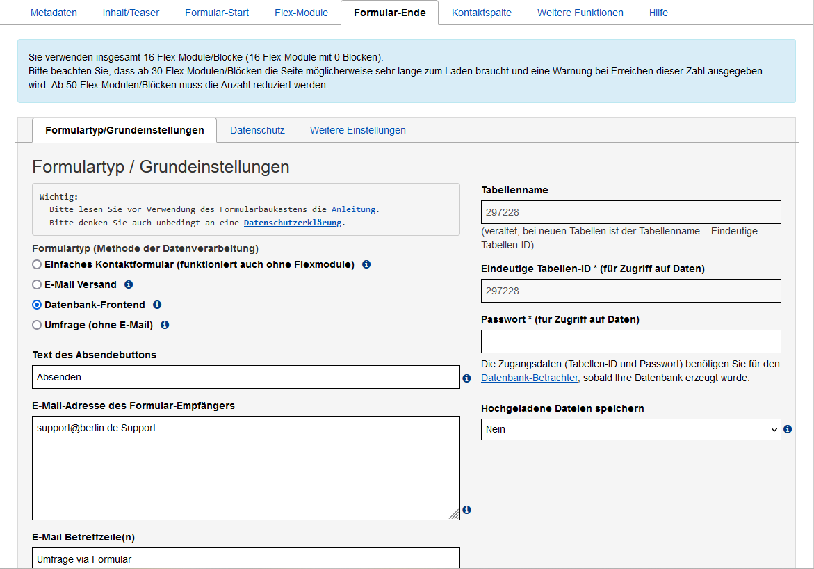 Im Reiter "Formular-Ende" wird die Datenbank-Anbindung erstellt.