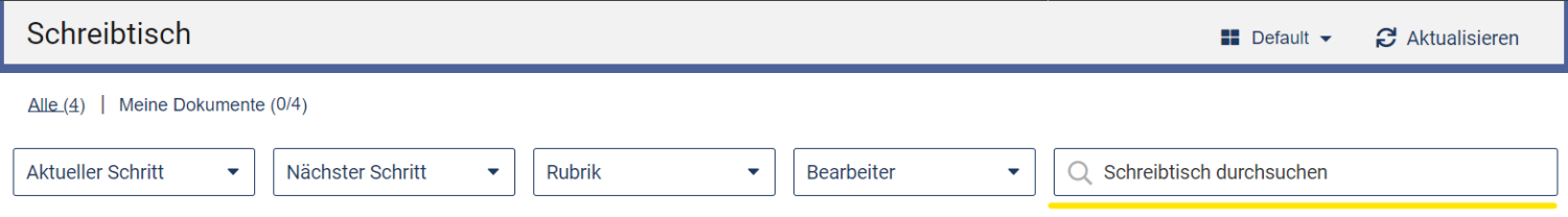 Zu sehen ist ein Abschnitt der Schreibtisch-Ansicht, rechts unter der Auswahl der Ansicht ist der Suchschlitz gelb markiert.