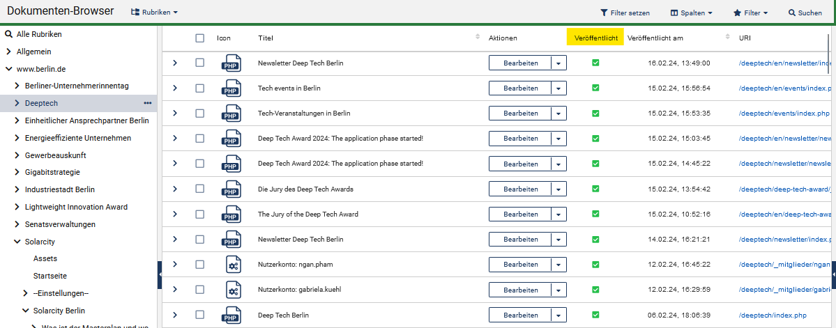 Dokumenten-Browser mit der Baumstruktur links und den Seiten rechts, die Spalte "Veröffentlicht" ist gelb markiert und bei jeder Seite ist ein grüner Haken zu sehen