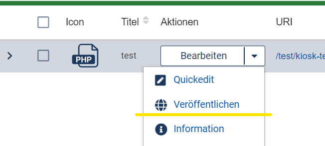 Seite im Dokumenten-Browser mit aufgeklapptem Menü. Neben "Bearbeiten" ist die Option "Veröffentlichen" gelb markiert.