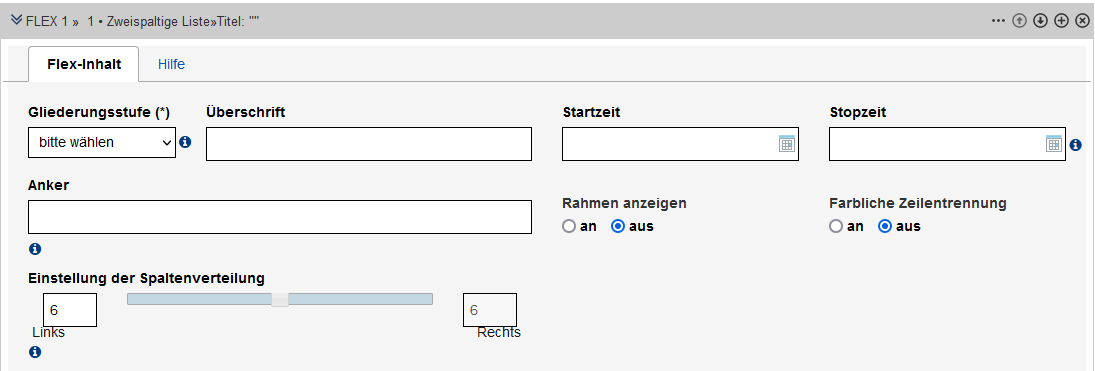 Grundeinstellungen für die "Zweispaltige Liste" - alle Felder sind untenstehend beschrieben.