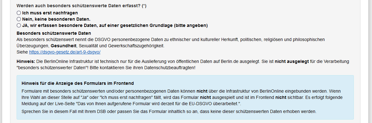 Formular - Ausschnitt aus dem Datenschutzbereich mit Fragen zu besonders schützenswerten Daten und weiteren Hinweisen