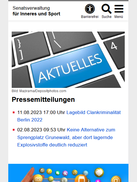 Auf dem mobilen Screenshot des Auto-Teasers auf der Seite der Senatsverwaltung für Inneres und Sport ist unterhalb des Headers ein Bild zu sehen. Unter dem Bild ist eine H2-Überschrift und darunter eine Liste mit Pressemeldungen abgebildet, die durch die blaue Schriftfarbe als Link markiert sind. Vor jedem Listenpunkt ist ein Datum angegeben.